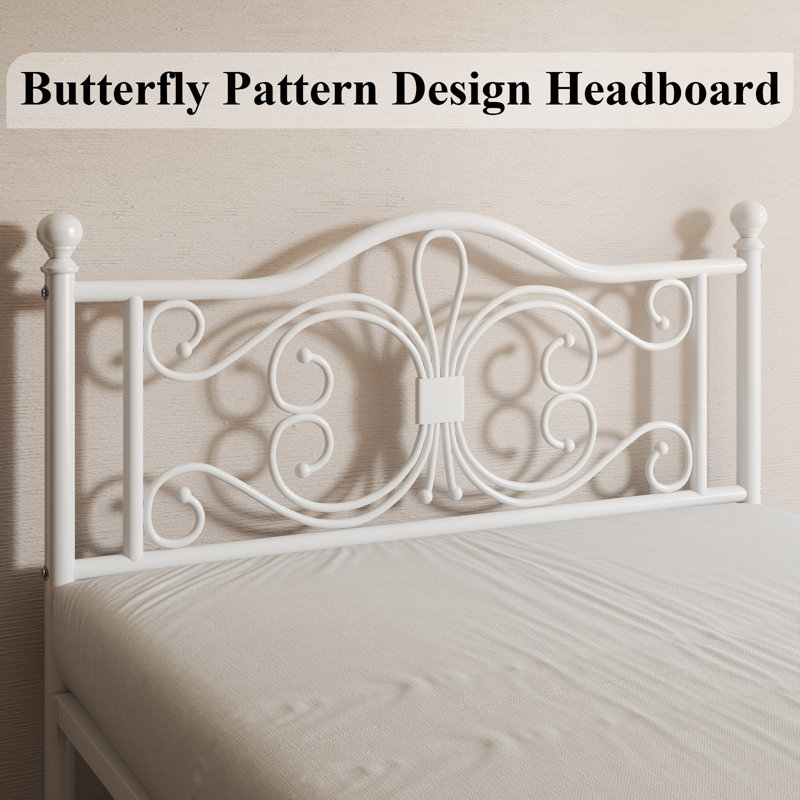 White Metal Queen Bed Frame with Butterfly Design Headboard and Footboard