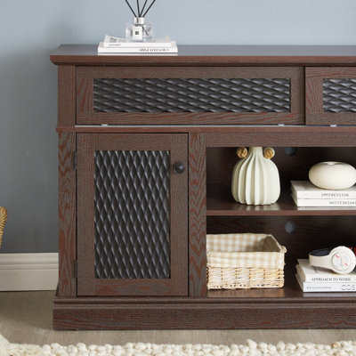 Meuble télé, console télé et média en relief avec espace de rangement ouvert et fermé et porte coulissante pour le salon et la chambre à coucher, cerisier foncé, l 58,27 po x l 15,35 po x 31,7 po