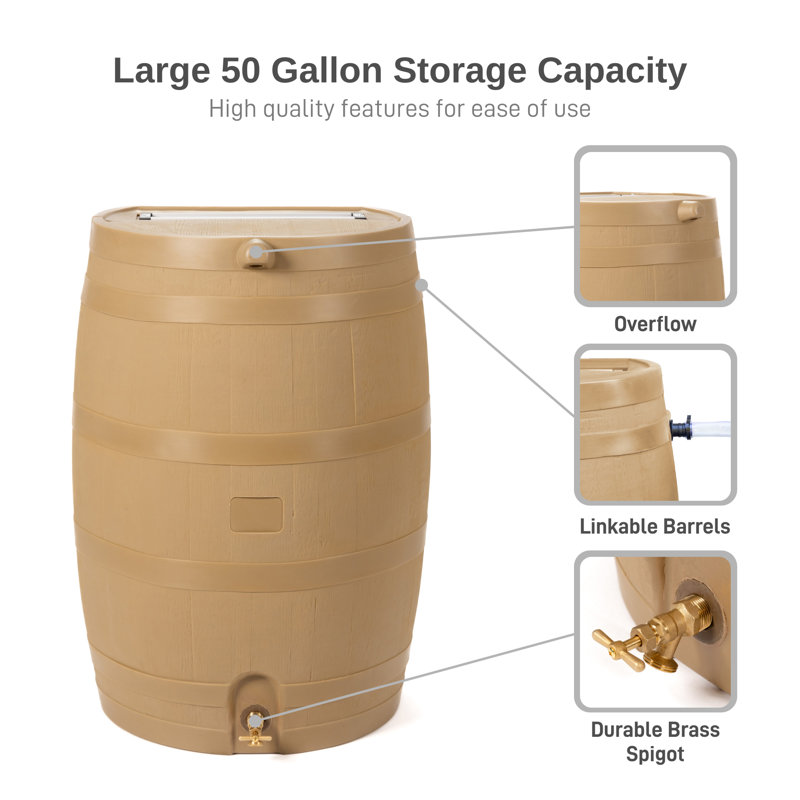 Tan Oak Polyethylene Rain Barrel with Brass Spigot, 50 Gallon