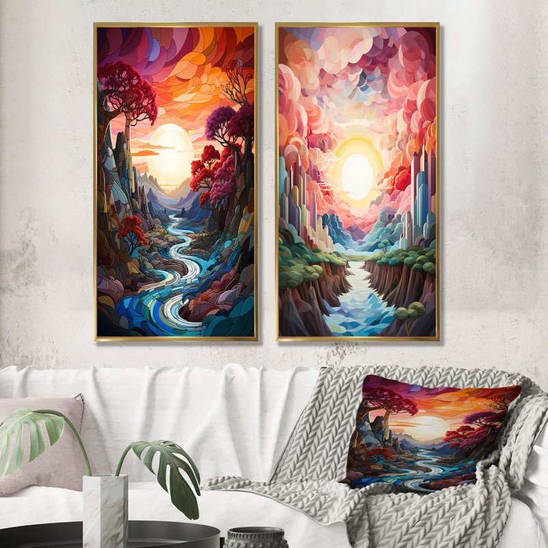 Ensemble de salon Rainbow Mountain Sunrise Landscape, Encadrement doré, H 28 po x l 25 po