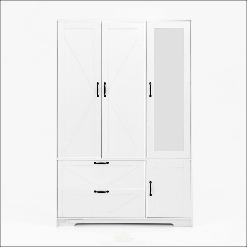 Armoire 4 portes avec miroir, lumières DEL et 2 tiroirs, armoire de rangement en bois avec tablettes réglables, blanc