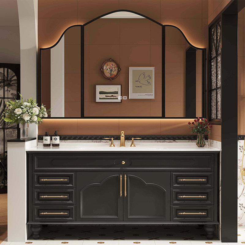 French style retro modern bathroom cabinet, 55", Black