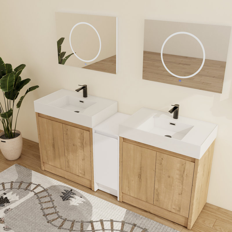  Ensemble de meuble-lavabo double 72 po avec lavabo en résine et armoire de rangement blanche Quarnar, 72"