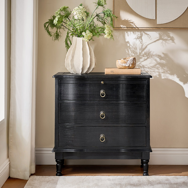 Elfine Traditional 3-Drawer Curved End Table with Pull-out Shelf and Simple Assembly and Charging Station, Charcoal