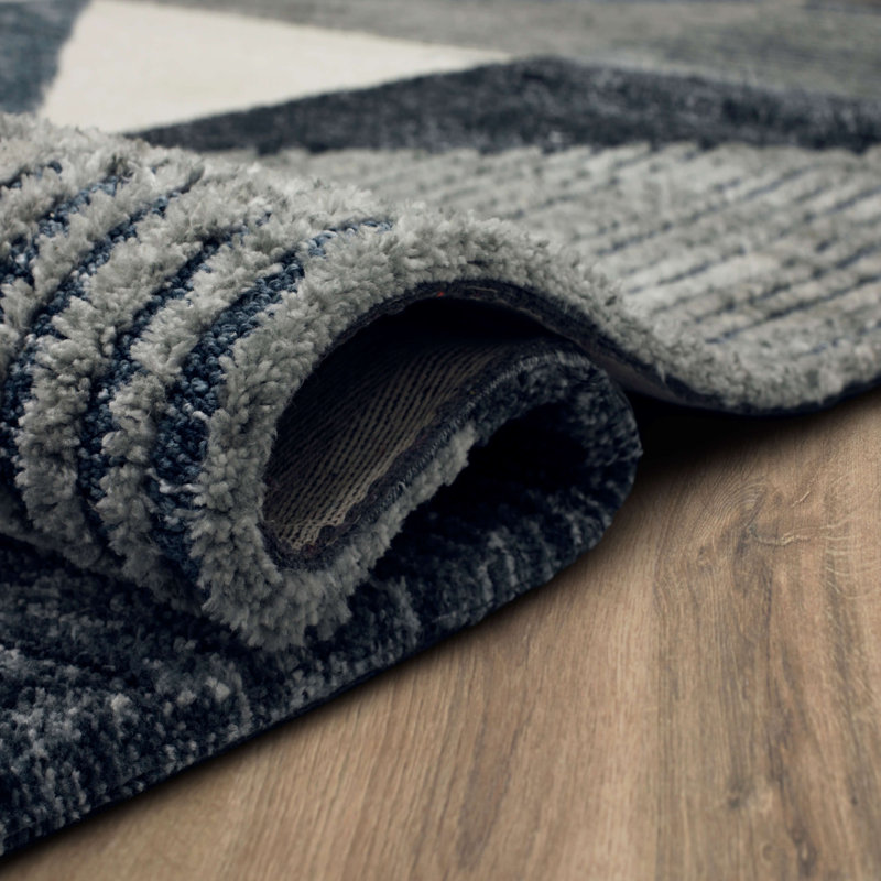 Blue and Gray Geometric Synthetic Flat Woven Area Rug