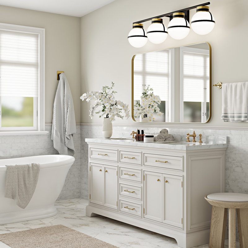 Luminaire pour salle de bain moderne en verre givré certifié ETL, Quatre lumières, Noir mat / or brossé