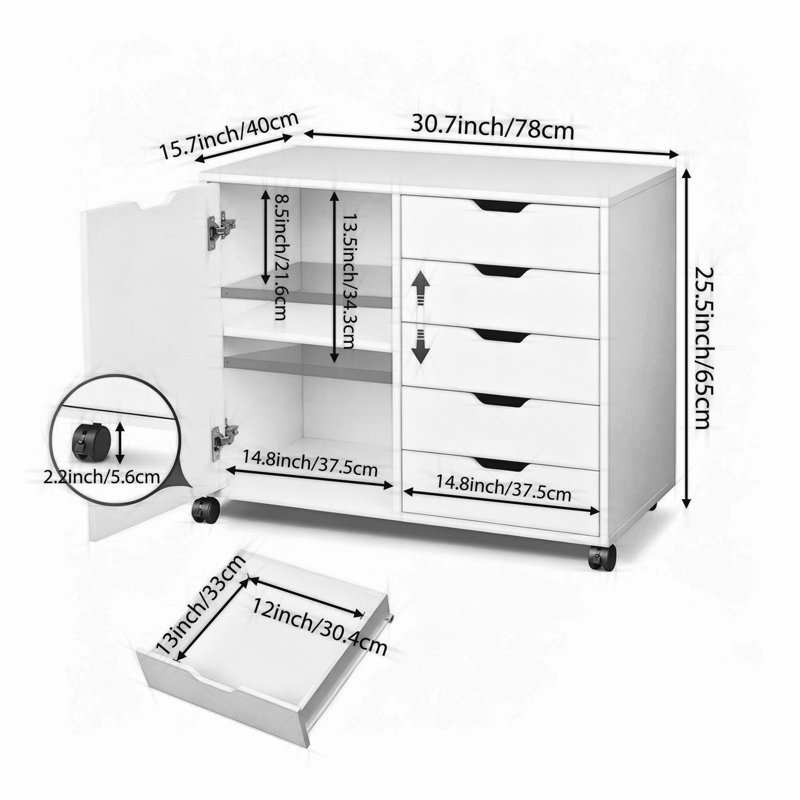 Classeur mobile, unité de rangement de bureau à 5 tiroirs avec roulettes, armoire latérale à 2 niveaux, roulettes verrouillables, support d'imprimante, capacité de 150 lb, blanc