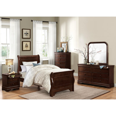 Lit simple au fini cerisier foncé avec style, fabriqué en placage et en bois, comprend une tête de lit, des rails, un sommier traditionnel pour chambre à coucher, conçu pour être utilisé