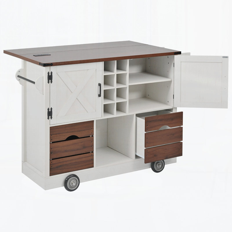 54" Farmhouse Kitchen Island With Drop Leaf, Power Outlet, Kitchen Storage Cart With 2 Doors, 2 Drawers, Rolling Kitchen Island On 4 Large Wheels With Spice Rack