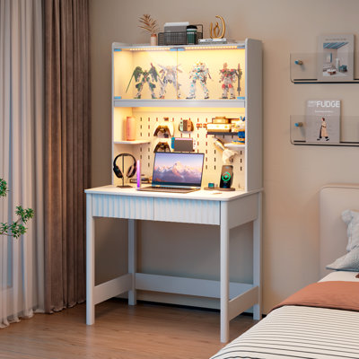 Bureau d'ordinateur H 66 po avec lumière DEL et prise de courant, bureau robuste avec lampe de bureau