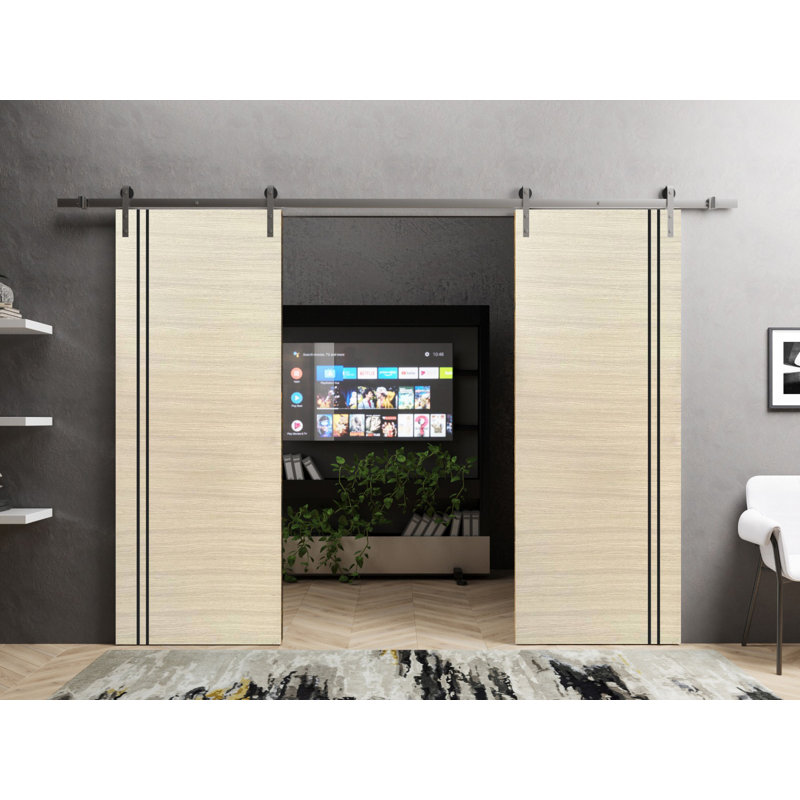 Portes coulissantes doubles de style grange avec quincaillerie Planum 0016, placage naturel, rail de 4 m (13 pi), supports robustes, ensemble moderne à panneaux pleins, pour intérieur, hall, chambre ou salle de bain - 183 cm x 213 cm (72 po x 84 po) (2 x 91 cm x 213 cm) - Rail argenté