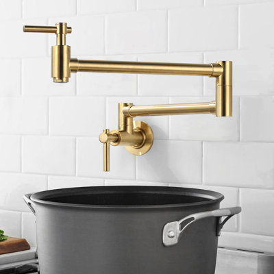Brass Wall Mounted Two-Handle Pot Filler Kitchen Faucet with Double Joint Swing Arm