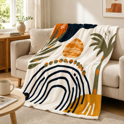 Cozy Flannel Fleece Throw Blanket - Abstract Boho Geometric Palm Leaf Print, Mid-Century Modern Style, Soft, Lightweight, Breathable, All-Season, Skin-Friendly, Machine Washable, Decorative, for Sofa, Couch, Living Room and Bedroom