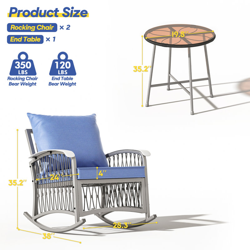 Rocking Chairs Set 3 Pieces Outdoor Patio Conversation Furniture Set With Glass Table & Thick Cushions For Backyard Porch Poolside Garden