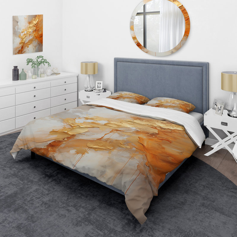 Ensemble d'édredon moderne 4 pièces - Spirales dorées et blanches avec des taies décoratives et des coussins décoratifs