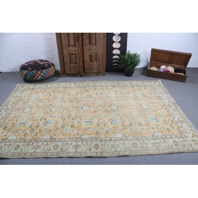 Handwoven Turkish Rug in Vibrant Yellow with Classic Geometric Design for Home Decor