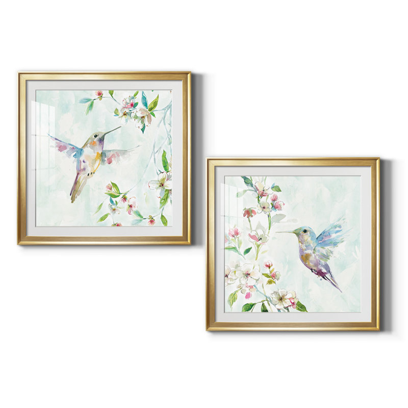 Colibri I - peinture encadrée sur papier, Papier encadré doré, H 34,5 po x l 69 po x P 1,5 po, Blanc