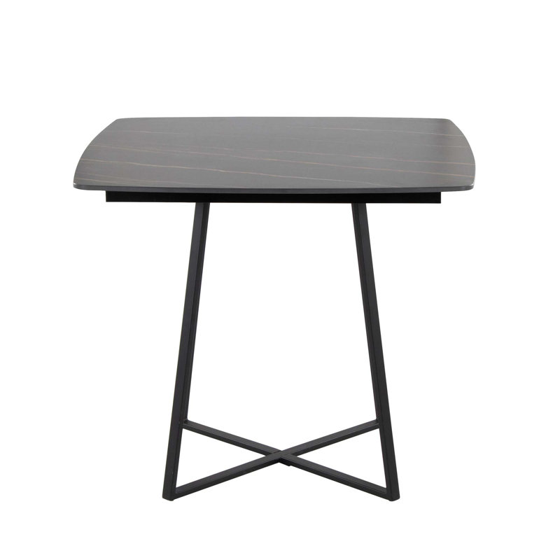 Table de salle à manger avec base en métal noir et bois noir avec plateau en céramique effet marbre noir, Noir