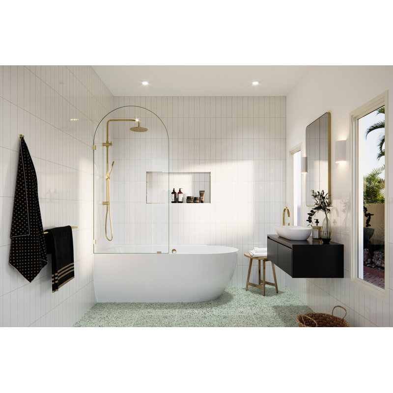 Venus 34 in. x 66.75 in. Frameless Arched Single Fixed Bath Panel, Polished Brass
