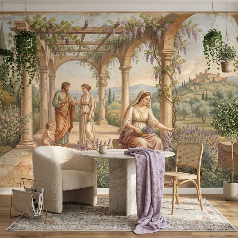 Papier peint paysage méditerranéen, Fresque classique, voûtes et colonnes en pierre, 140 po x 108 po, Peler et coller