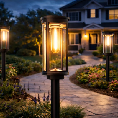 Solar Powered Integrated LED Pathway Light, Outdoor Landscape Lights Cylinder Warm White Waterproof IP65, Auto On/Off