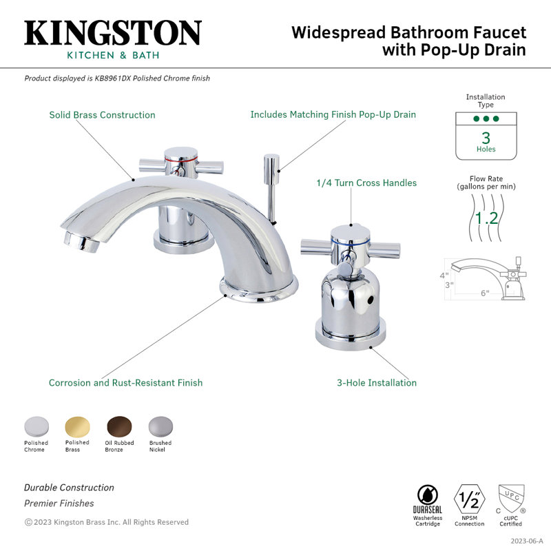 Robinet de salle de bain espacé Kingston, Chrome poli