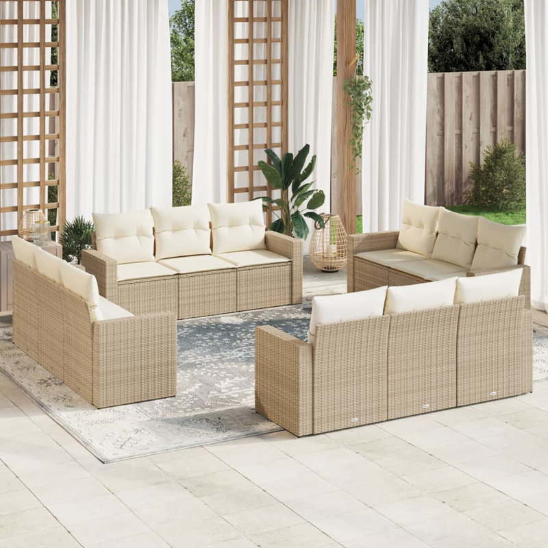  Garden Sofa Set Beige Poly Rattan, Powder-Coated Steel 12 Piece Set, Cream White, Beige