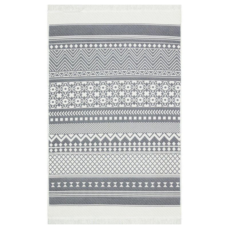 Tapis gris / blanc rectangulaire en coton fait à la main 2 pi 7 po x 4 pi 11 po, Rectangle 3 pi 11 po x 5 pi 11 po