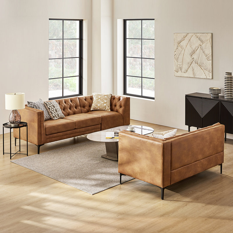  Brinna 90" Easy Wiped Faux Leather Tufted Modular Corner Sectional Sofa, Camel Faux Leather