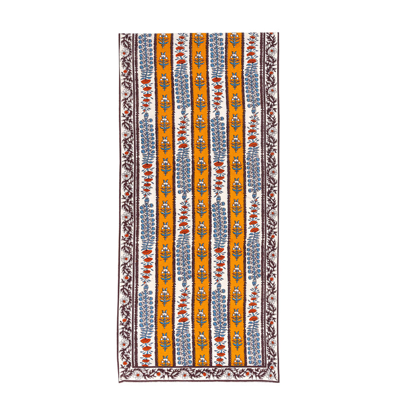 Avignon Handmade Floral Table Runnner, Dijon/Blue, 72" x 16"