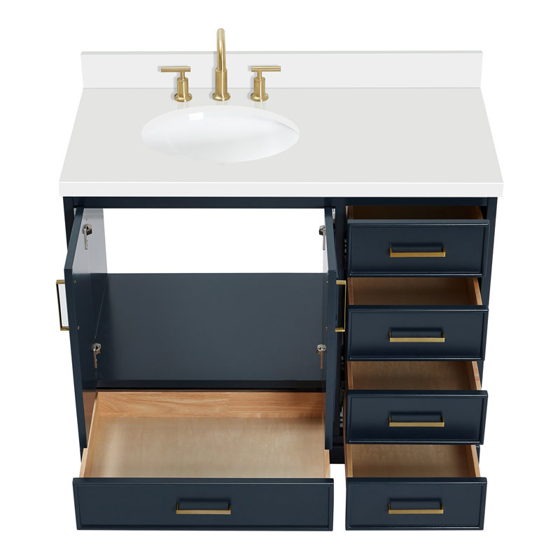 43'' Single Bathroom Vanity with White Quartz Top, Midnight Blue