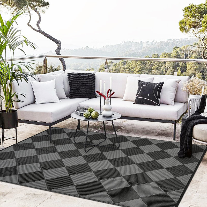 Outdoor Rug Plastic Reversible Rug Waterproof Patio Rug for Outdoor Camping Deck Beach RV Porch Patio and Backyard Black/Grey 9*12
