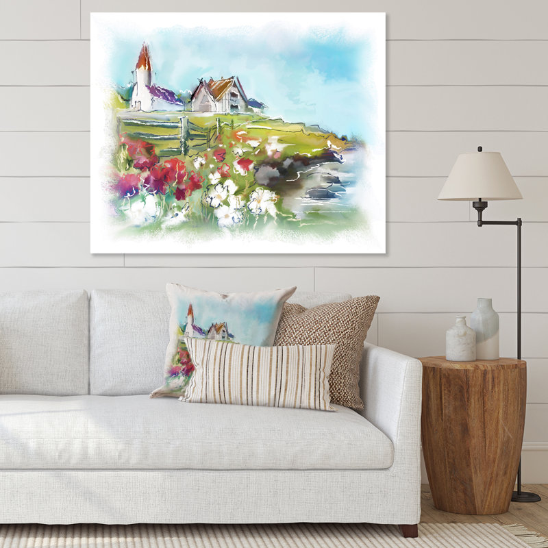 Bâtiments blancs sur un pré vert coloré - peinture sur toile, H 12 po x l 20 po x P 1 po, Toile tendue