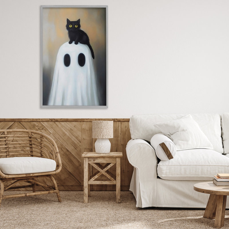 Ghost And Kitten Perched Framed Giclee, design by Arlington Prints, 30" H x 20" W, Farmhouse Gray Framed Giclee