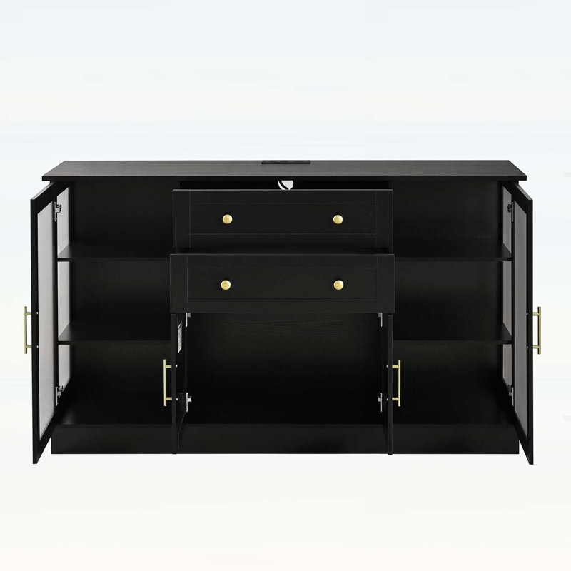 Buffet moderne à 4 portes, 2 tiroirs, tablettes réglables et prise de courant moderne pour un rangement polyvalent, Noir