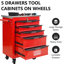 6 tiroirs, chariot à outils, roues, noir et bleu, amovible, mobile, rangement pour atelier, chariot à roulettes en métal, rouge et noir, verrouillable, poignée à tirer, frein,