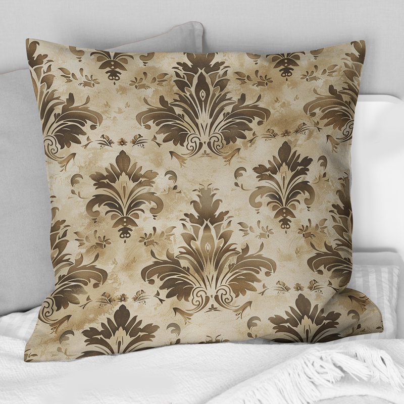 Coussin décoratif brun et beige damassé Glam IV, H 16 po x l 16 po