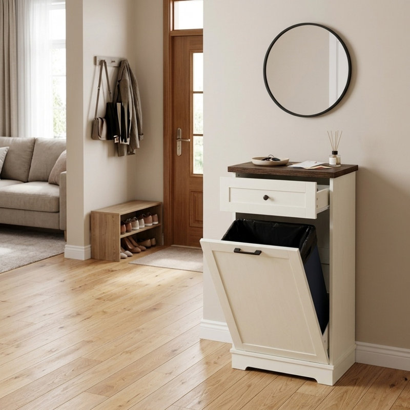 Pet Proof Tilt Out Trash Cabinet, Wood Garbage Bin Holder with Drawer for Kitchen and Living Room