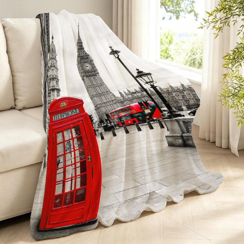 Jeté en flanelle rouge ultra doux, imprimé grand téléphone London, Throw 40" x 50"