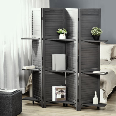 Panneaux de 5,6 pi avec écrans d'intimité pliables avec rangement, tablettes grises pour chambre à coucher / bureau, écran rustique, style de rangement en bois