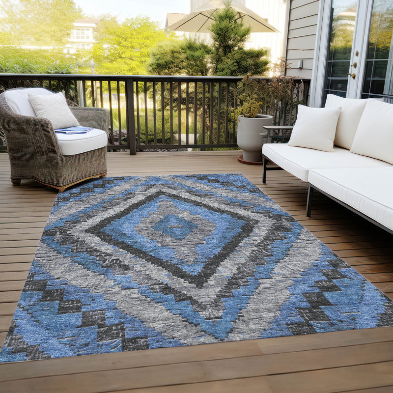 Machine Washable Indoor/Outdoor Xhevrie Blue Rug, Rectangle 9' x 12'