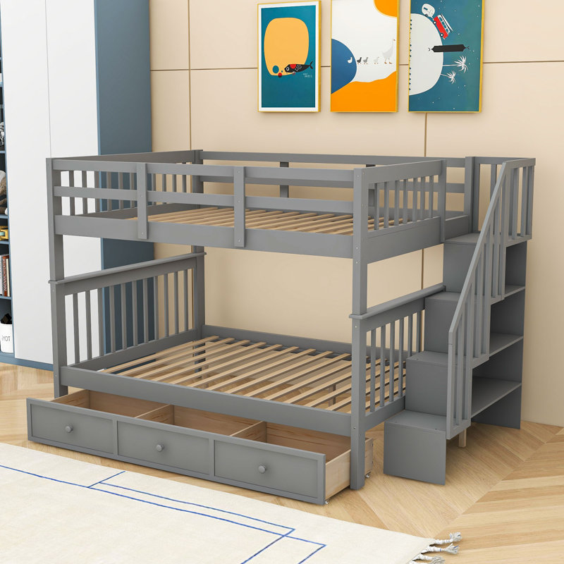  Lit superposé double en bois avec tiroirs et escalier Dila, gris