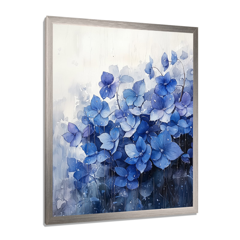 Hortensias dans un champ de pluie II - art mural floral salon, H 20 po x l 12 po, Reproduction encadrée sans passe-partout