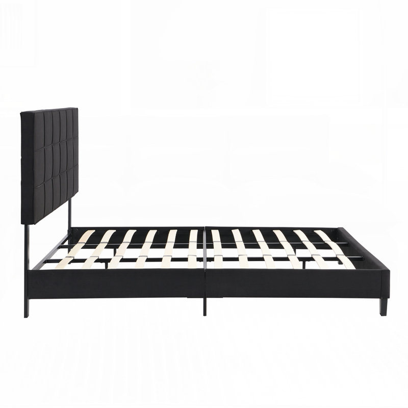 Structure de lit plateforme tapissier avec tête de lit capitonnée en tissu de lin sans sommier tapissier