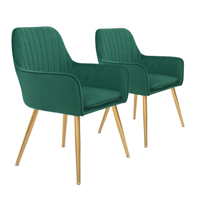 Luxury Green Velvet Accent Chairs with Gold Legs, Set of 2 – Removable Cushion, Glam Metal Frame Armchairs for Dining & Living Room
