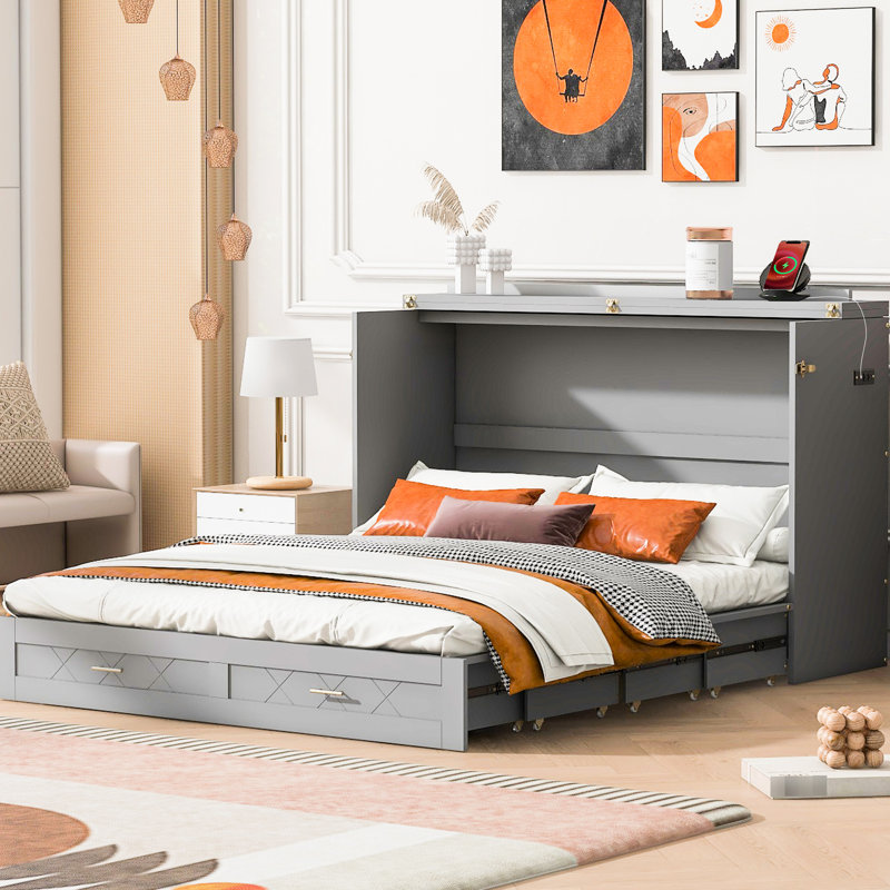 Grand lit gris avec rangement mural et poulie, taille, gris, tiroir, douilles et type