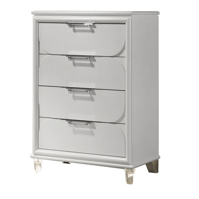 Commode haute Dima, 4 tiroirs avec poignées en acrylique, bois d'hévéa blanc