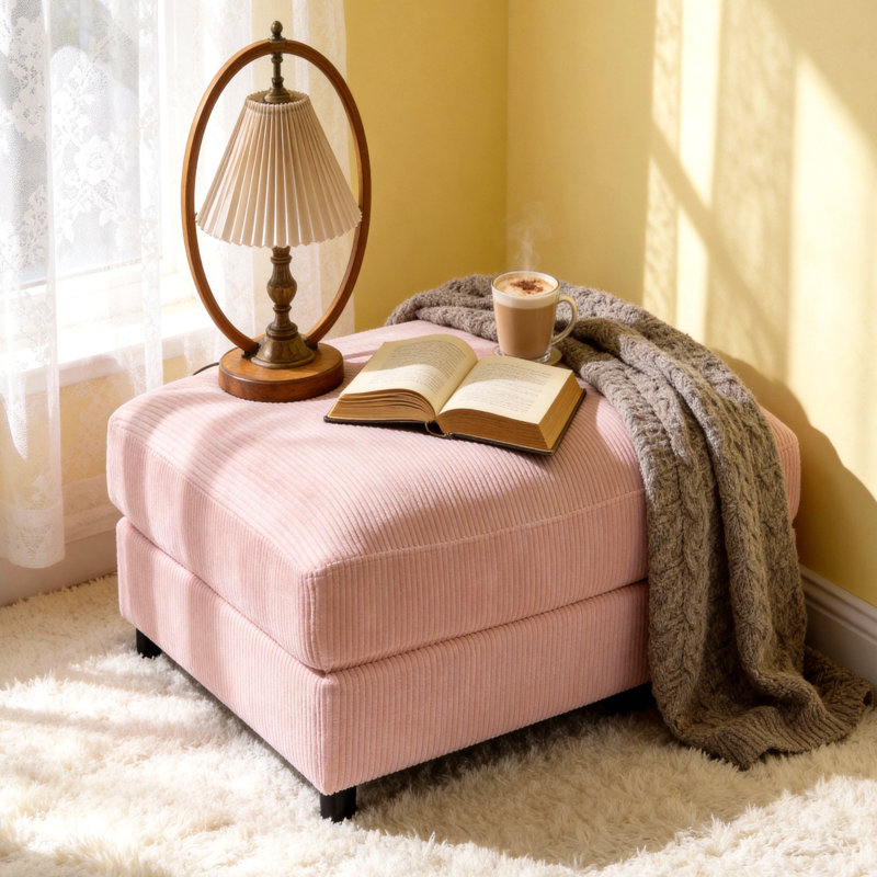 Corduroy Upholstered Rectangle Ottoman, Pink