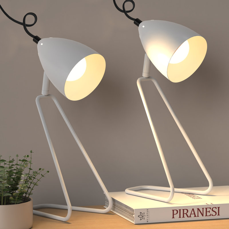 Modern Metal Table Lamp Set Of 2, Reading Bedside Lamps 350°Rotatable For Study Bedroom Dorm, White, White