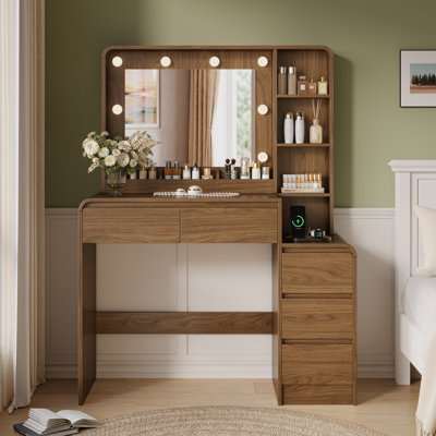 Meuble-lavabo moderne en noyer de 39 po avec miroir à 3 lumières DEL réglables et station de charge multi-ports, 5 tiroirs et tablettes de rangement ouvertes